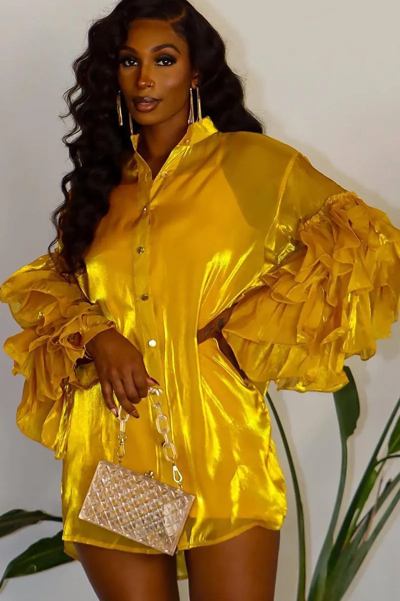 Buttoned Flare Sleeve Tiered Dress