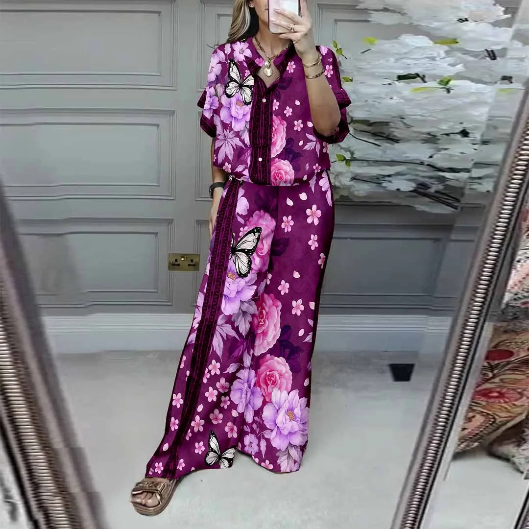 Women Floral, Butterfly, Red DZDL1174 V-neck Short Sleeve Blouse and Pants Set