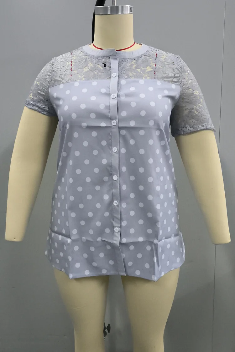 Plus Size Polka Dot Print Button Lace Stitching Casual Blouses  Flycurvy [product_label]