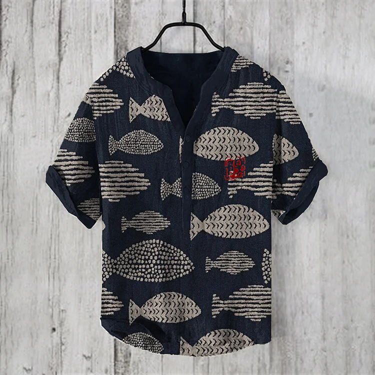 Japanese Fish Art V-Neck Casual Linen Blend Shirt