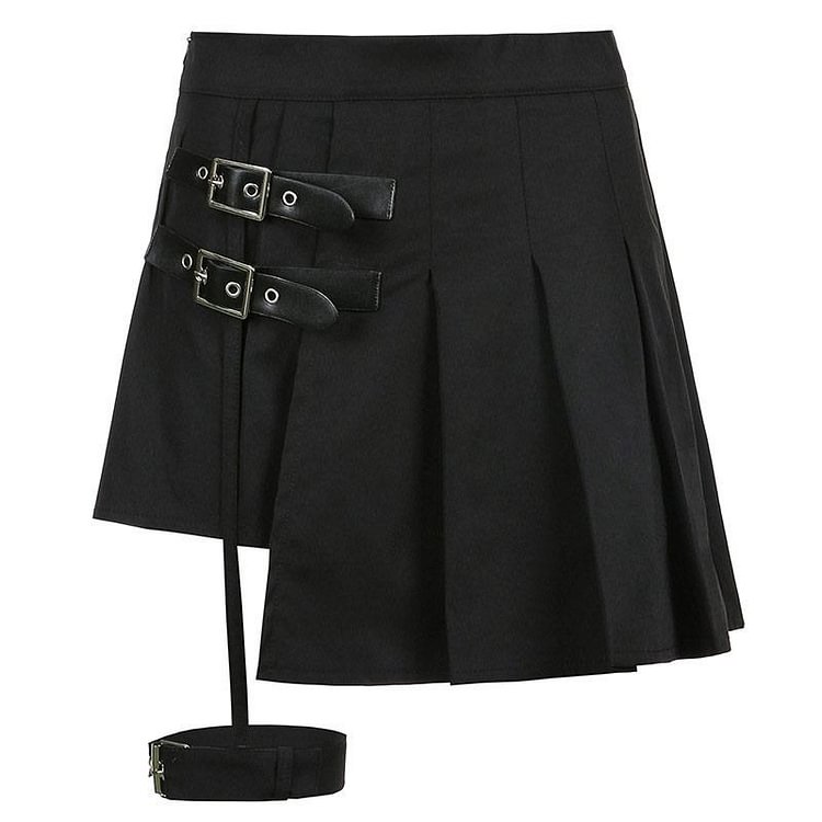 Gothic Buckle Leg Ring Mini Pleated Skirt - Modakawa Modakawa