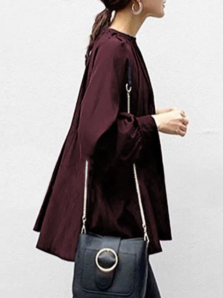 Solid Color Puff Sleeve Stand Collar Blouse