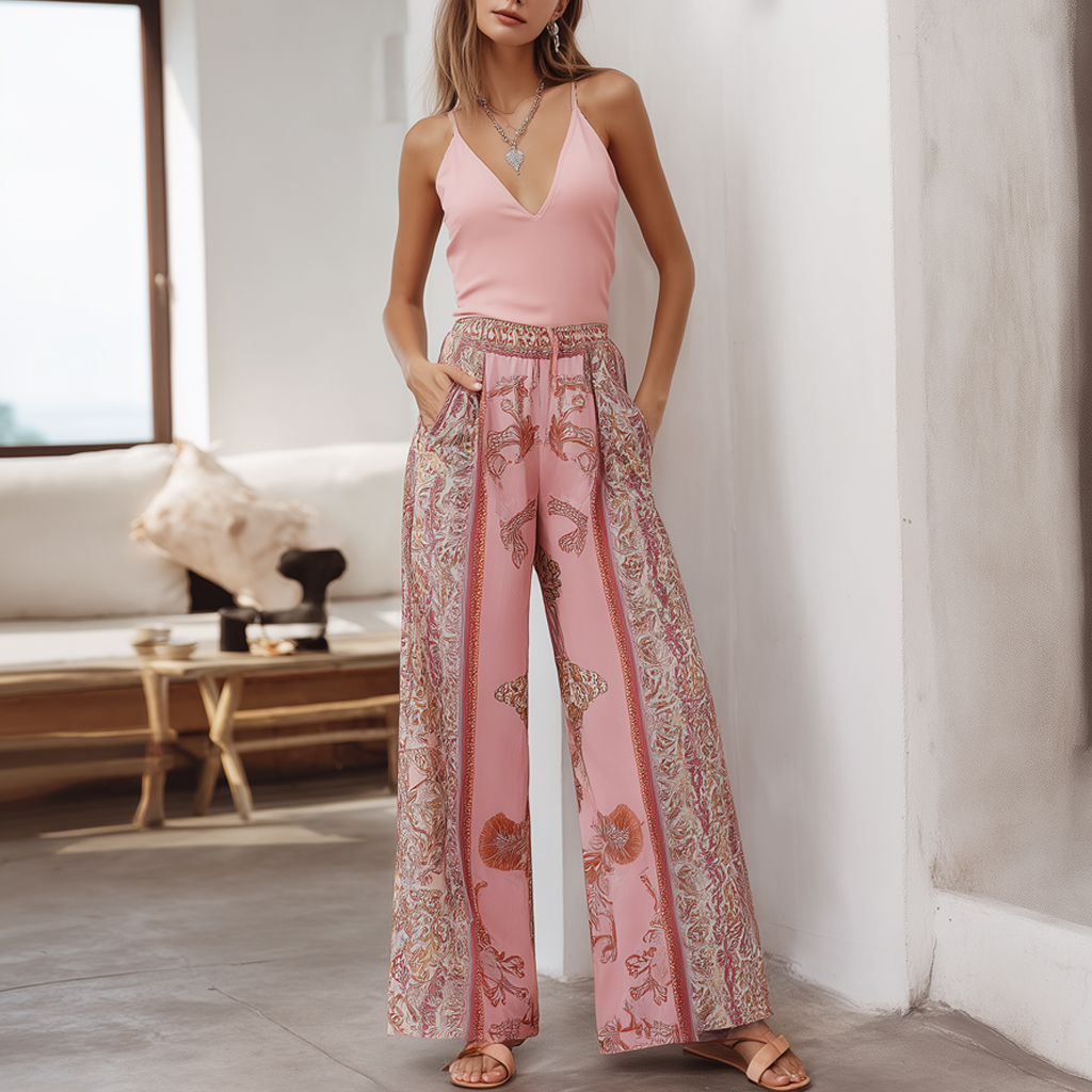 Bohemian Holiday Style Elegant Pink Printed Top Wide-leg Pants Set