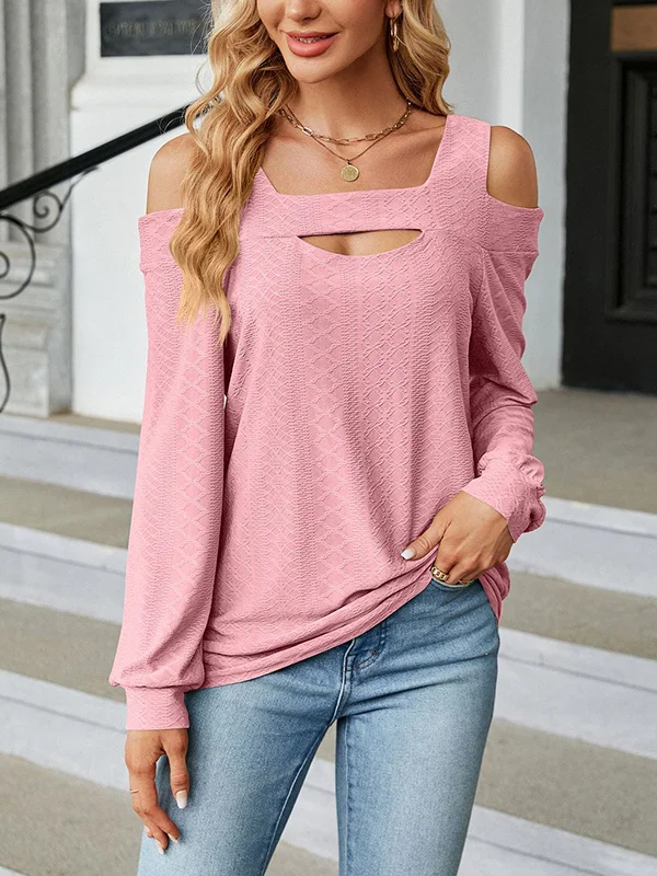 Solid Color Jacquard Hollow Loose Long Sleeves U-Neck T-Shirts Tops