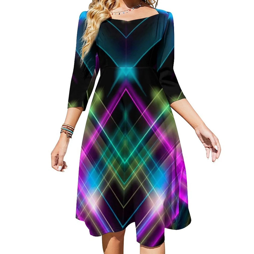 Black With Neon Abstract Design Pattern Dress Sweetheart Tie Back Flared 3/4 Sleeve Midi Dresses