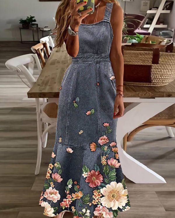Crew Neck Off Shoulder Printed Denim Waist Fishtail Long Dress