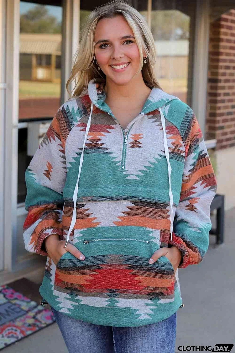 Geometric Half-Zip Drawstring Hoodie