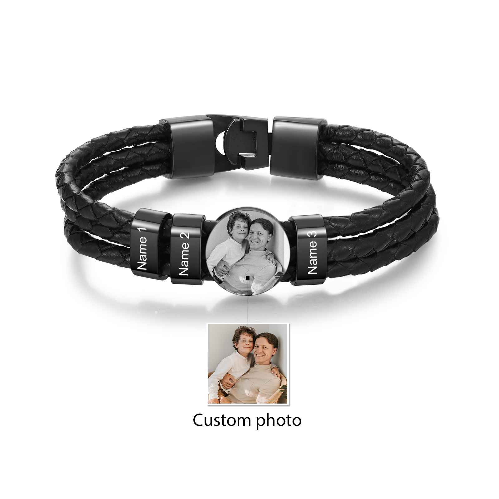 Personalised Men's Leather Bracelet Custom 3 Names & 1 Photo Braided Bracelet Father's Day Gifts for Him-Jessemade AU