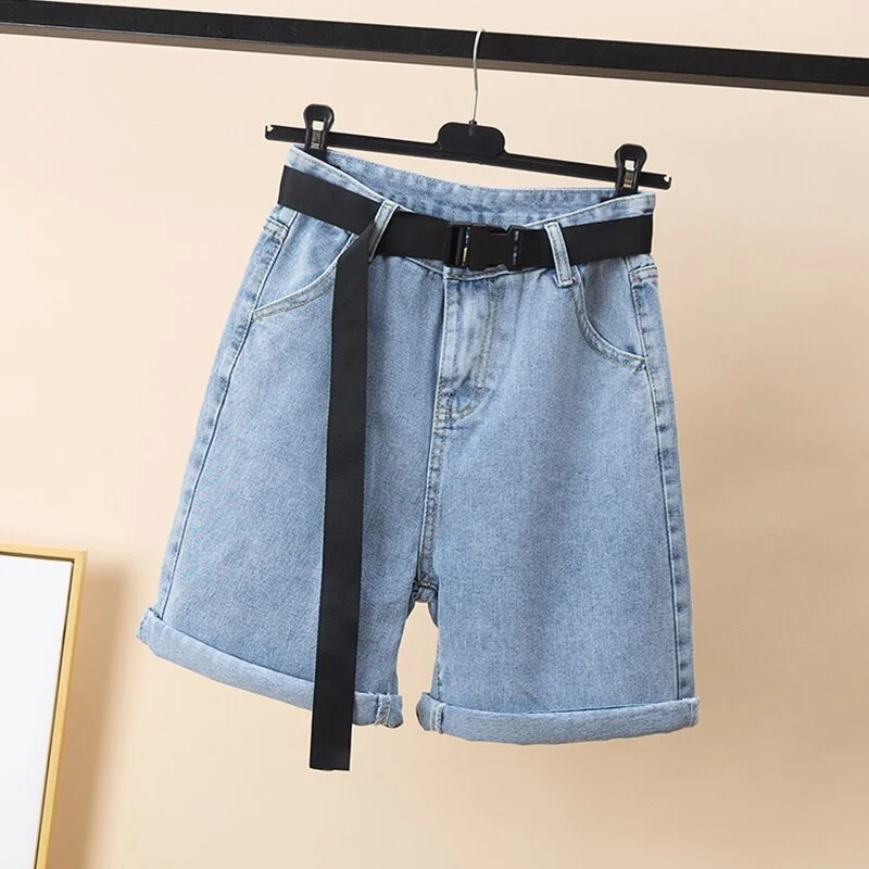 Ailegogo New Spring Summer High Waist Women Blue Denim Shorts with Belt Streetwear Female Loose Fit Wide Leg Jeans Shorts