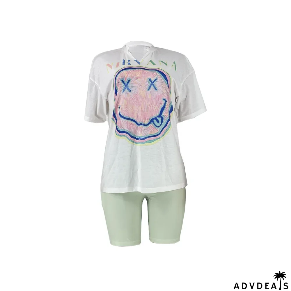 Smiley Print Casual Two-Piece Set