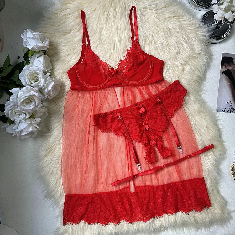 Sexy Mesh See-through Cute Tulle Nightdress Seductive Set