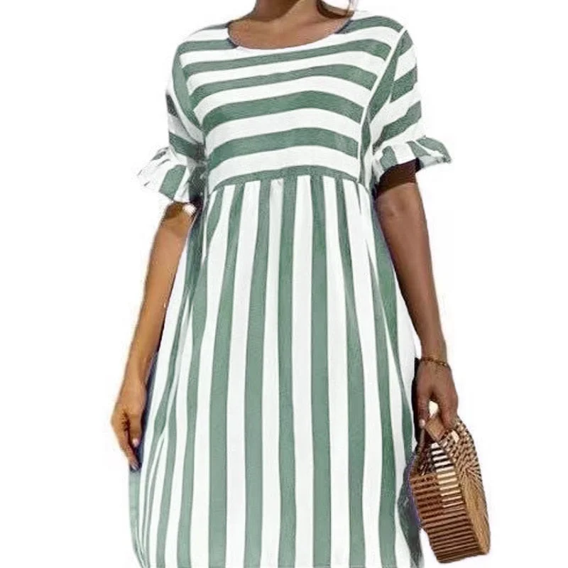 Back to school  Women Elegant Ruffle Sleeve Striped Patchwork A Line Dress 2022 Summer Casual High Waist O Neck Loose Pocket Dress Beach Wear