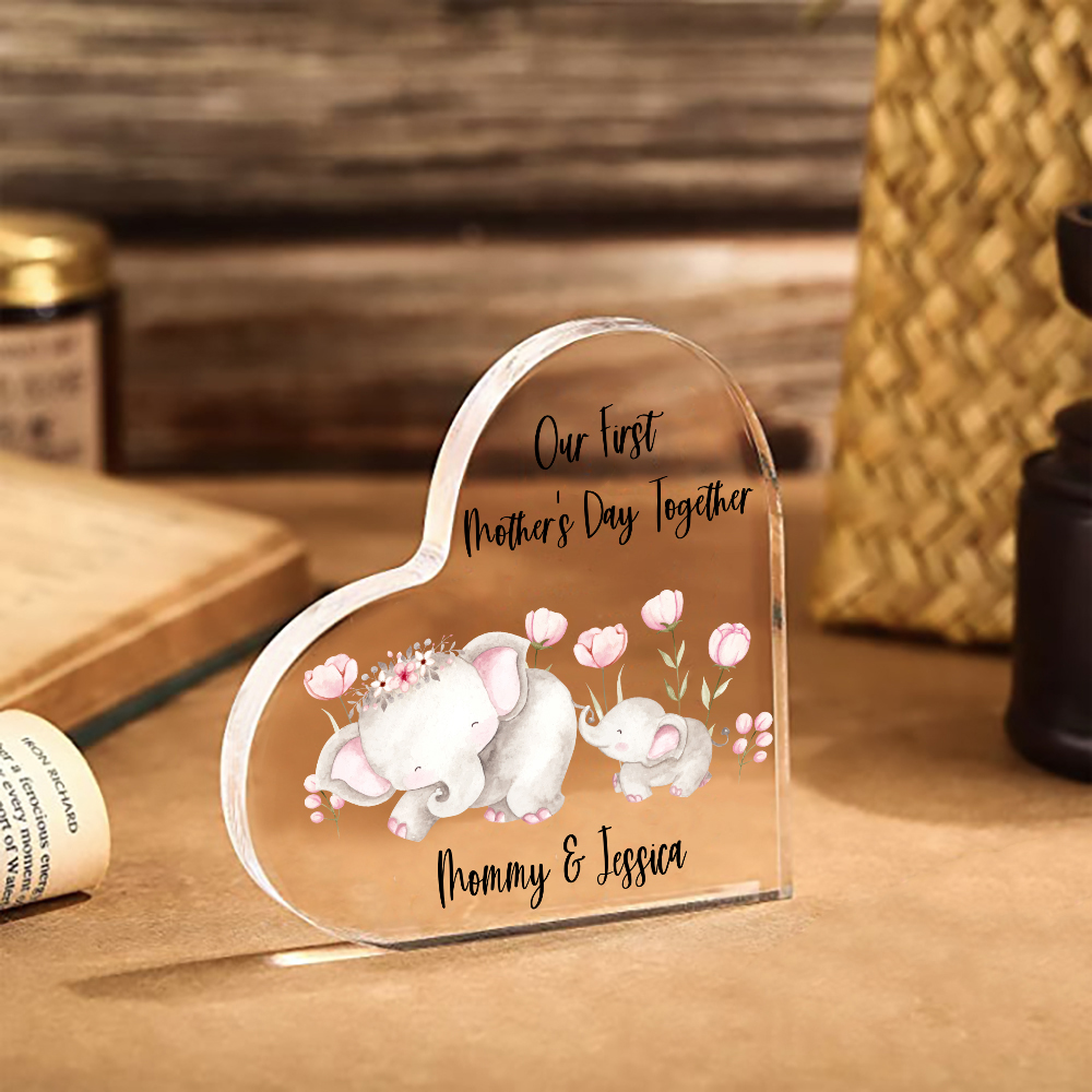 Our First Mother's Day Together - Personalised Text Acrylic Heart Keepsake Cute Elephants Ornaments-Jessemade AU