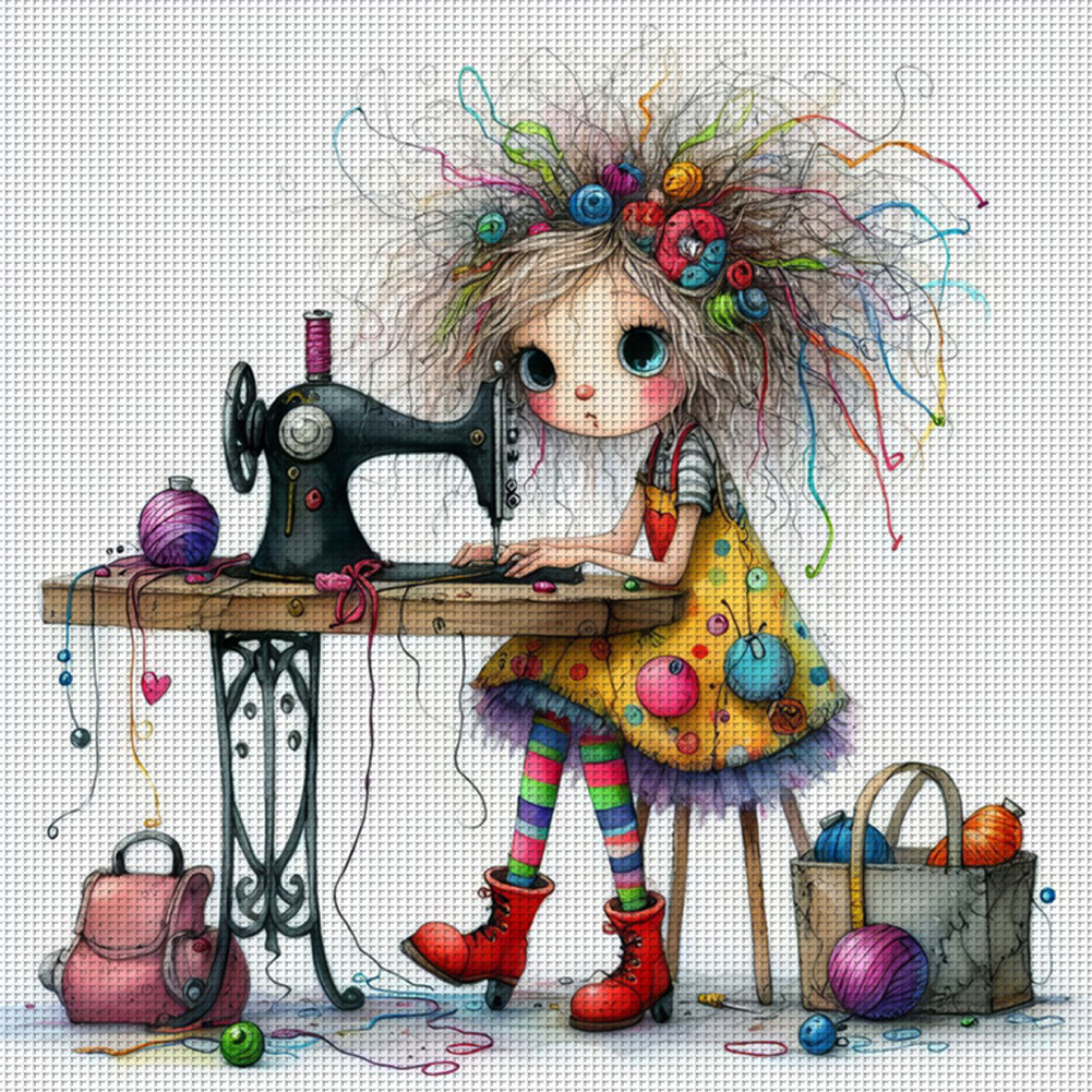 Cross Stitch 11CT Stamped Sewing Machine Girl(40*40cm)-Guru-buzz