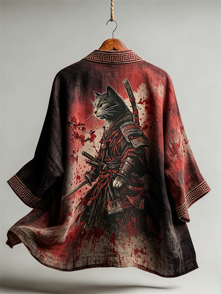 Men's Bloody Cat Samurai Plum Blossom Dyed Japanese Linen Kimono elevenforest