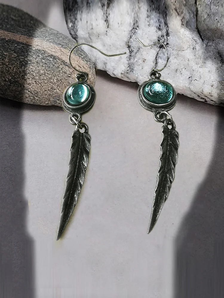 Vintage Inlay Detail Alloy Feather Drop Earrings