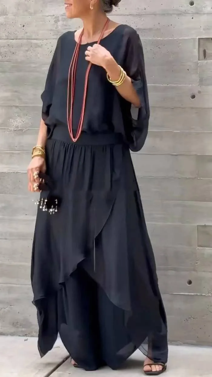 Loose Top & Slit Wide-Leg Pants Chiffon 2-Piece Set 