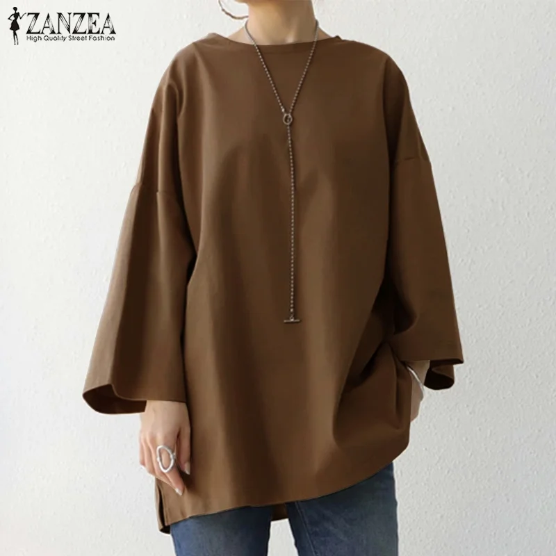 Toloer Womens Baggy Solid Blouse ZANZEA 2022 Vintage Flare Sleeve Tops Casual Autumn Blusas Female Split Tunic Oversized Chemise 
