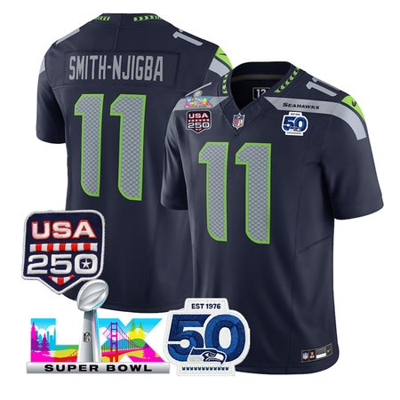 Youth Seattle Seahawks #11 Jaxon Smith-Njigba Navy Super Bowl LX Patch 50th Season & USA 250' Patch Vapor F.U.S.E. Limited Jersey