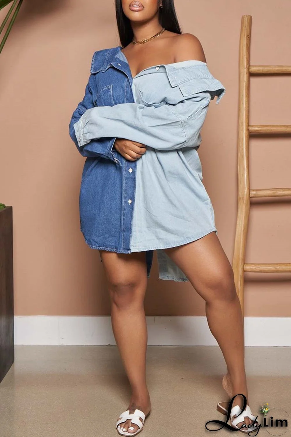 Blue Fashion Casual Solid Split Joint Turndown Collar Shirt Dress