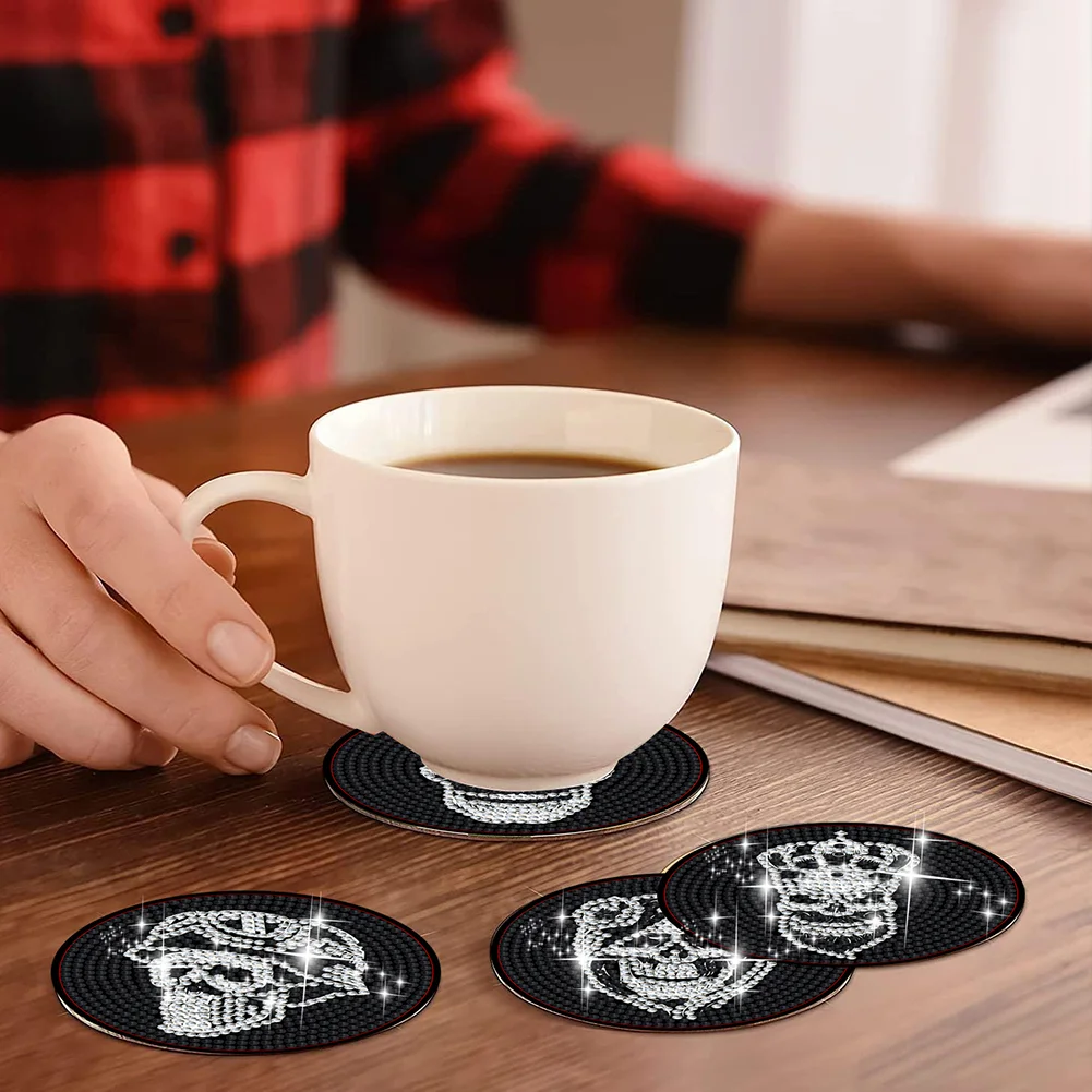 8pcs DIY Skull Acrylic Diamond Painting Coasters Kits with Holder for Beginner
