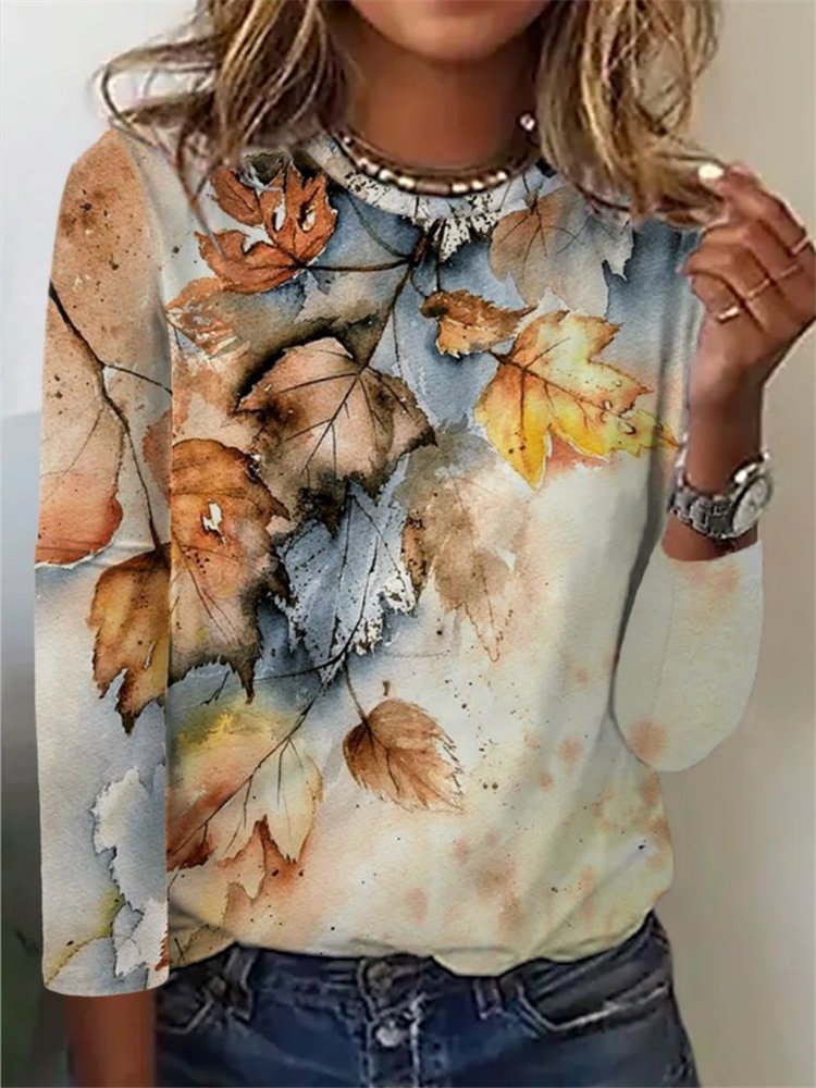 Autumn and winter hot style printed loose round neck long-sleeved top T-shirt