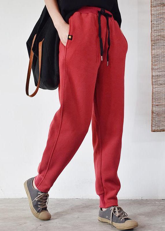 Fitted Red elastic waist Cinched Warm Fleece Pants Winter CK1780- Fabulory