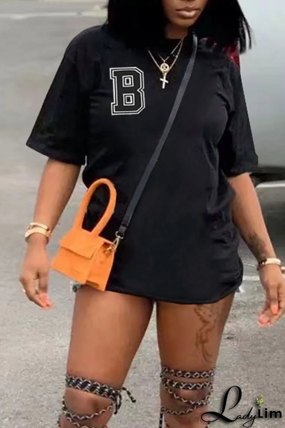 Tangerine Red Casual Print Patchwork O Neck T-Shirts