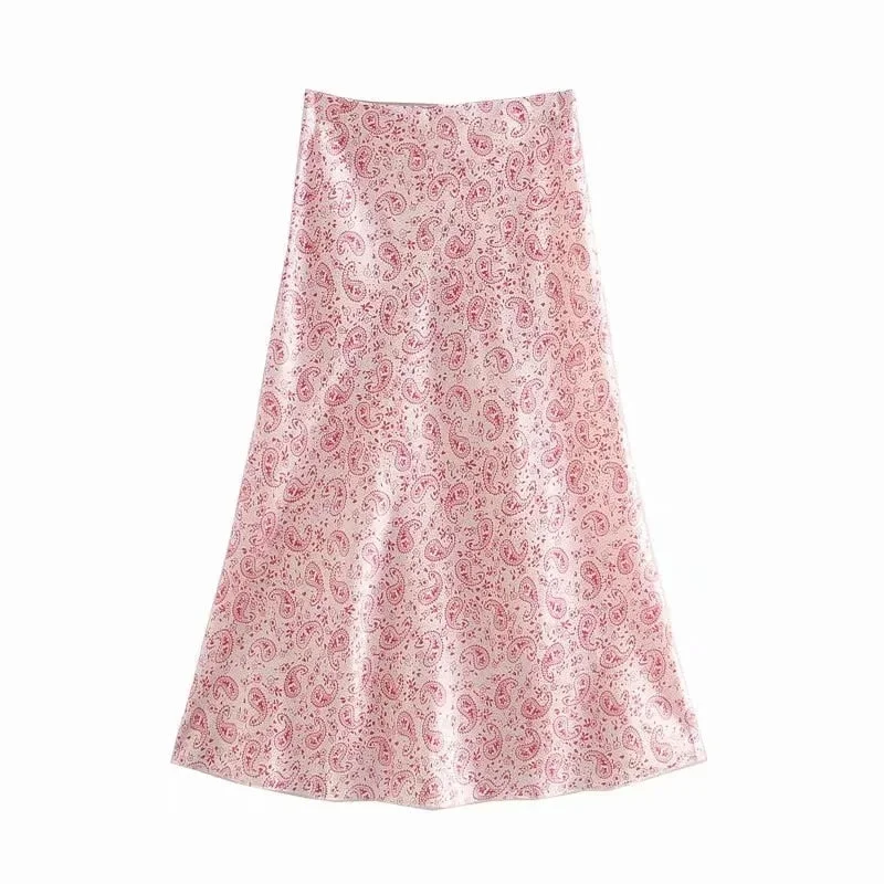 Women Paisley Printing Thin Satin Midi Skirt Casual Female Loose Streetwear P1928