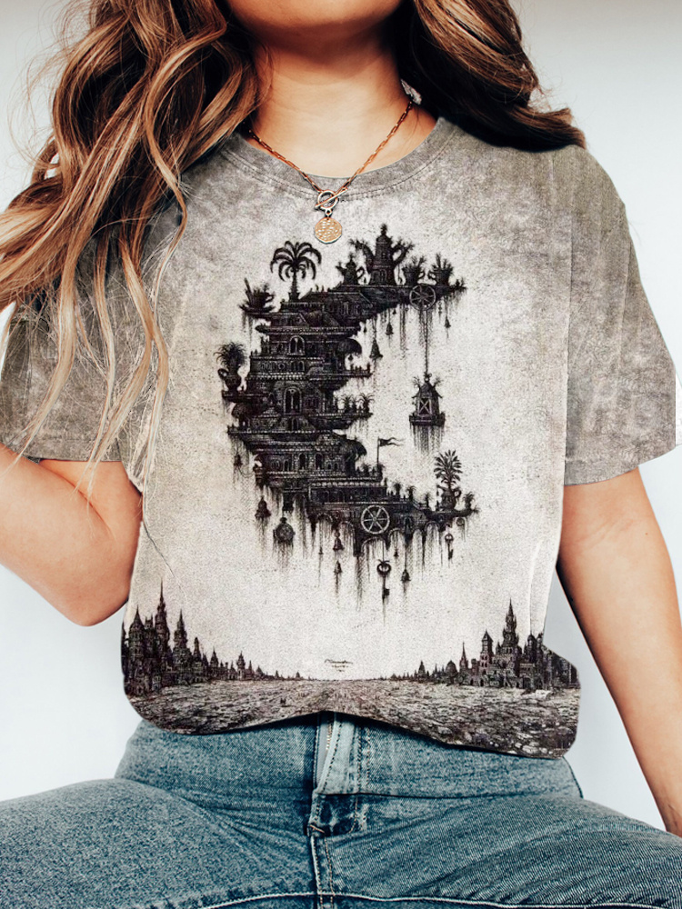 Comstylish Moon Air Garden Graphic Vintage Washed Cotton T-Shirt
