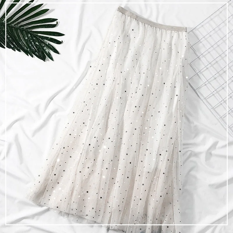Zoki Elegant Korean Women Tulle Skirt Fashion Sequin Star Summer Mesh Ladies Long Skirt Elastic High Waist Party White Skirt