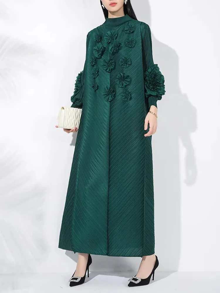Art Green O-neck Splicing Flower Decor Long Puff Sleeve Pleated Dress