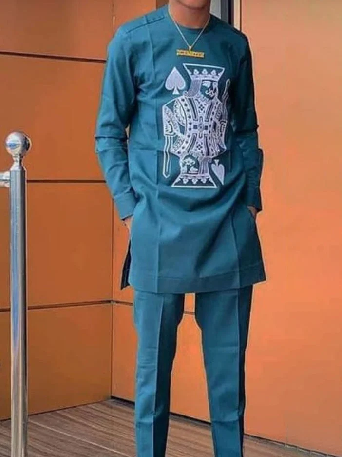 Men's casual green print two-piece suit