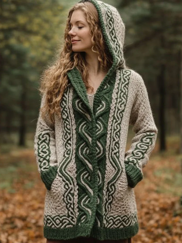 Women's Irish Celtic Knot Cozy Knit Hooded Cardigan