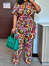Belted Color-Block Short Sleeves Wide Leg V-Neck Suits