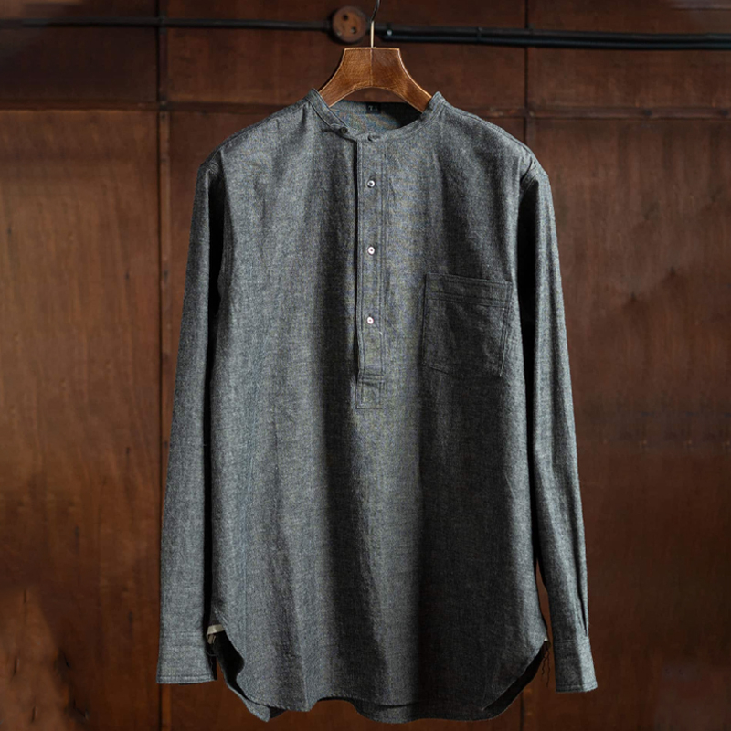 Men's Retro Henley Collar Long Sleeve Charcoal Grey Shirt