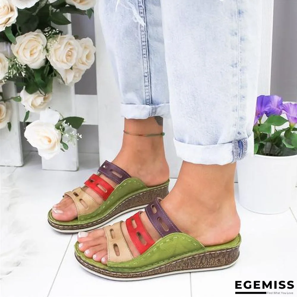 Women Three-color Stitching Casual Low Wedge Heel  Peep Toe Sandals Slippers Shoes | EGEMISS