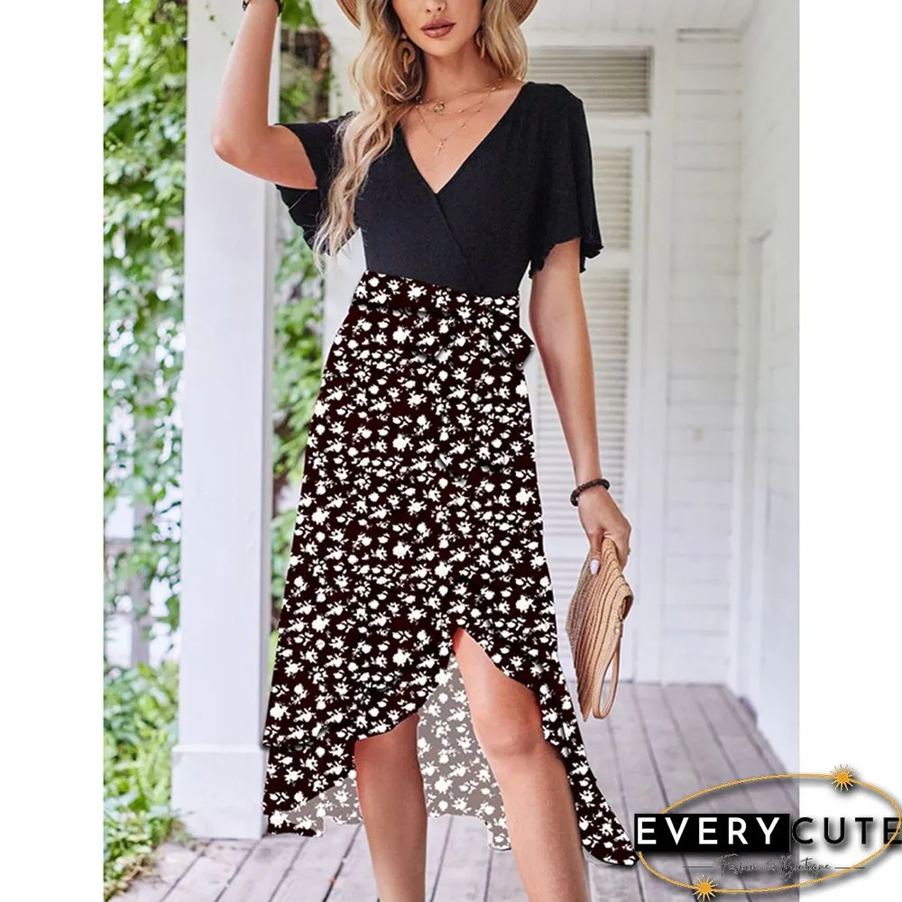 Black Floral Print Splicing V Neck Dress with Slit