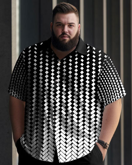 Men's Plus Size Black Check Short Sleeve 2 Piece Walking Suit