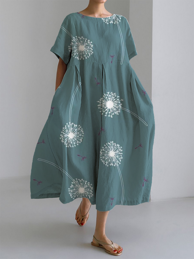 Women's Green Dandelion Print Large Hem Long Dress socialshop