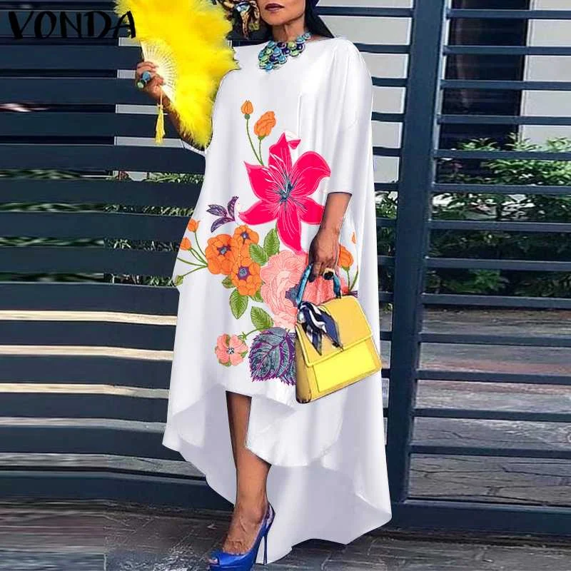 Vintage Floral Printed O Neck Dress 2022 Summer Spring Asymmetric Hem Pleated Vestidos VONDA Casual 3/4 Sleeve Beach Sundress