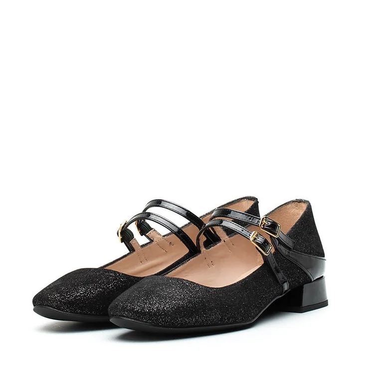 Black Glitter Buckles Mary Jane Shoes Round Toe Chunky Heels Pumps |FSJ Shoes