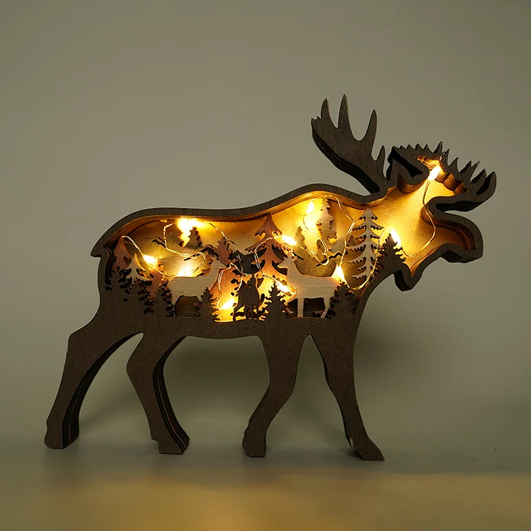 Elk Wooden Home Decoration 3D Carving Forest Animal Night Light