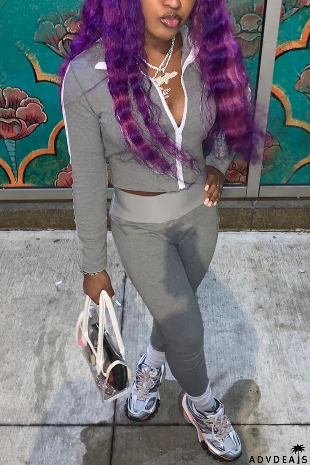 Orange Sportswear Solid Patchwork Turndown Collar Long Sleeve Two Pieces