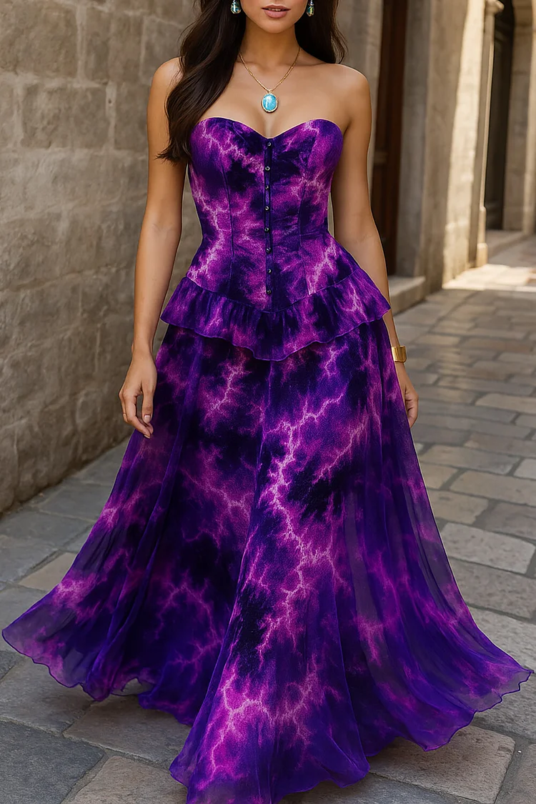 Lightning Print Cinch Waist Strapless Maxi Dresses-Purple [Pre Order]