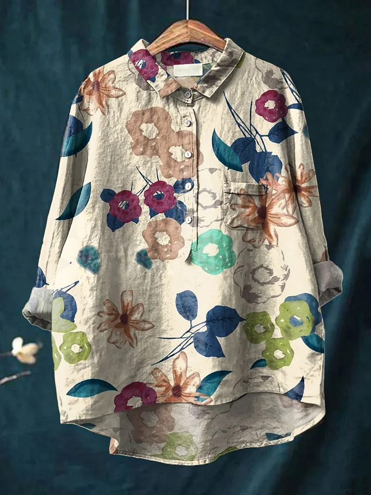 Women's Flower Print Casual Cotton And Linen Shirt