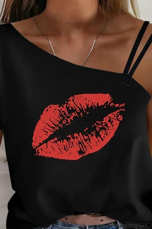 Stylish Lip Printed One Shoulder T-shirt (2 Colors)
