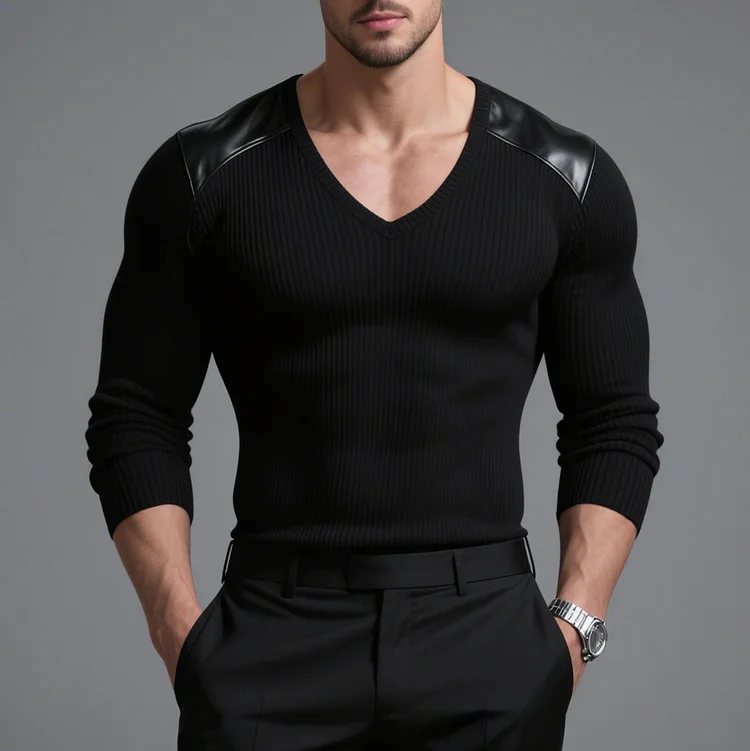 Okaywear PU Patches V Neck Long Sleeve Knit Top 