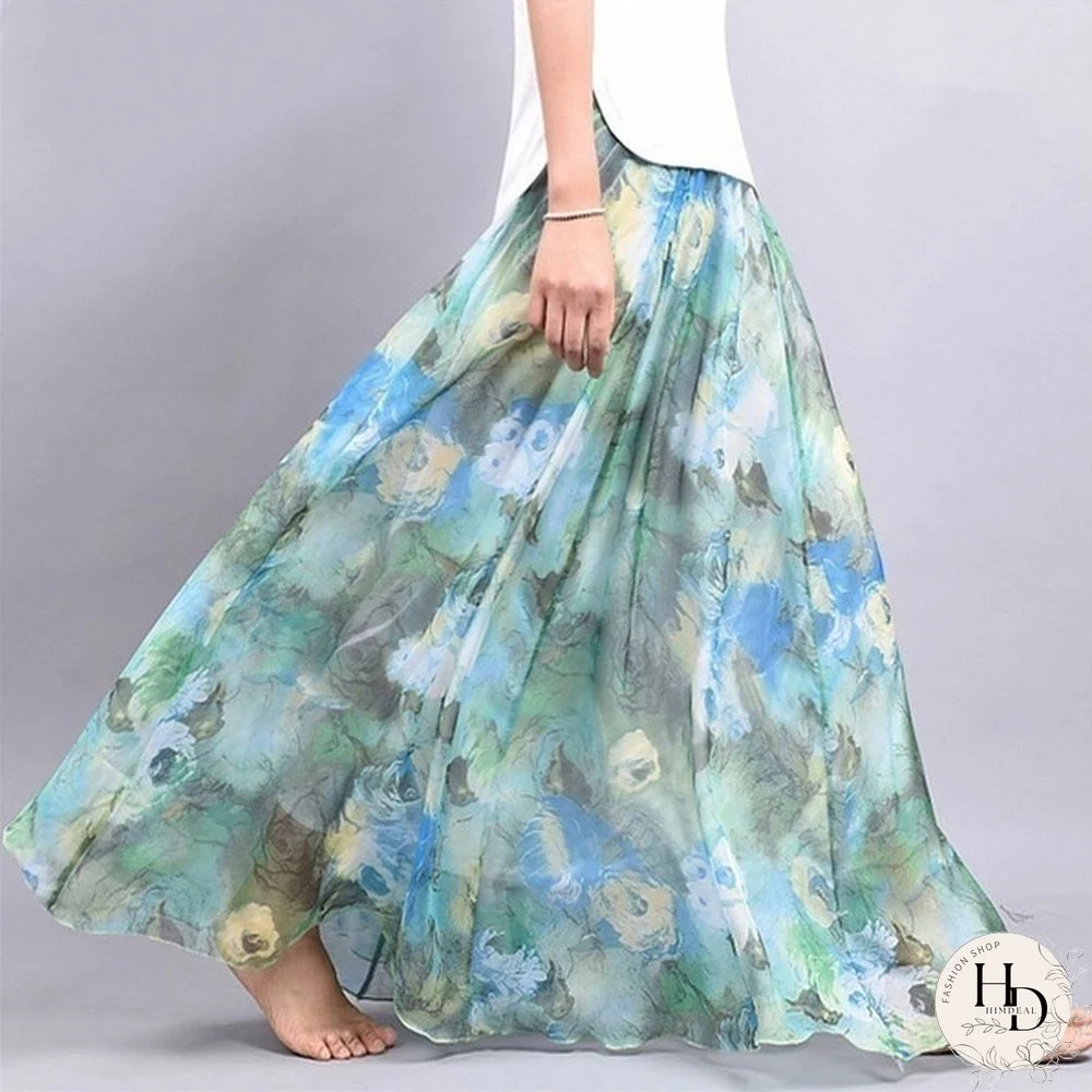 Summer New Fashion Chiffon Floral Printed Women Floor-Length Long Beach Party Loose Skirt