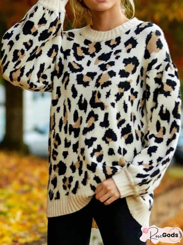 Leopard Shift Floral-Print Casual Sweater